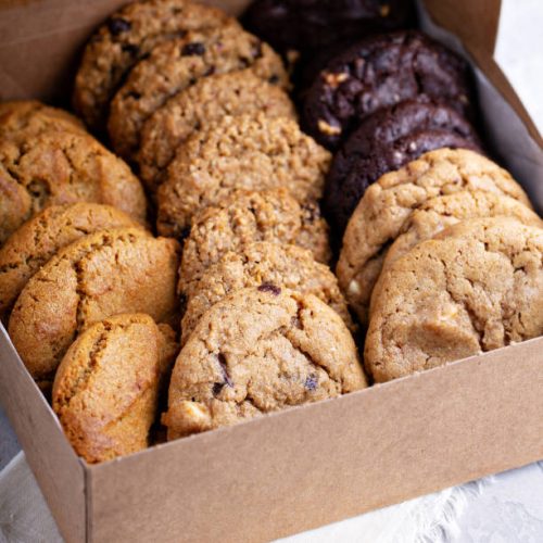 Box of assorted cookies freshly baked and packed to go